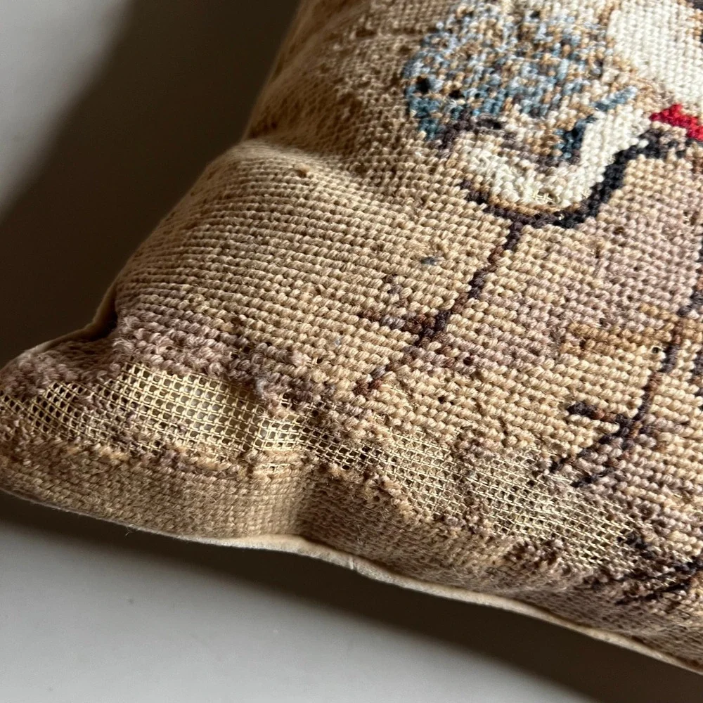 Loie Vintage Needlepoint Crane Bird Throw Pillow Velvet Back 10x10 Decorative